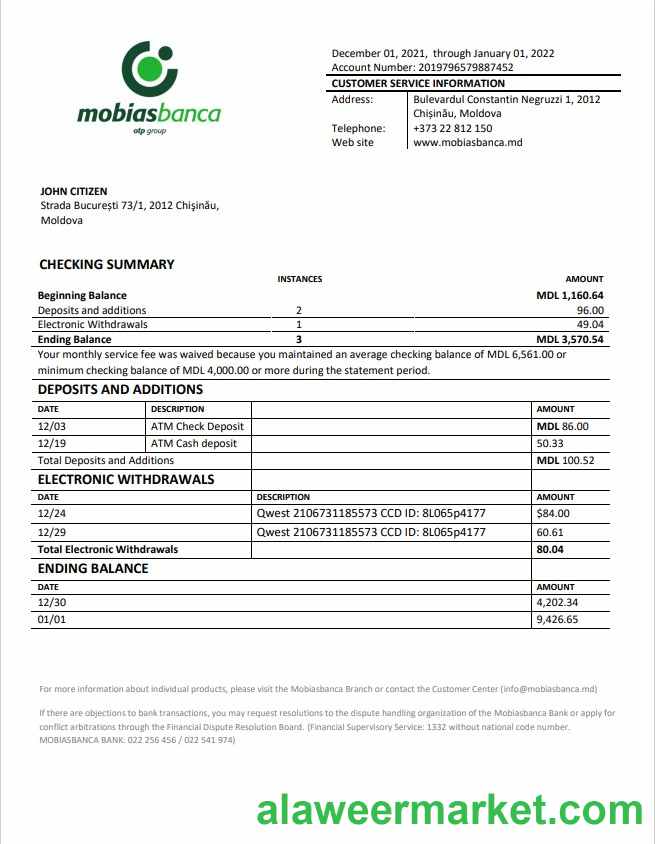 Moldova Mobiasbanca bank statement